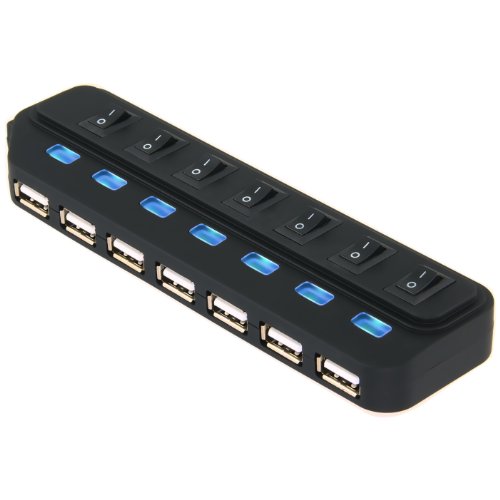 Sabrent 7 Port High Speed USB 2.0 Hub with Power Adapter And Individual Power Switches, Blue LED Indicator.(USB-H7PS)